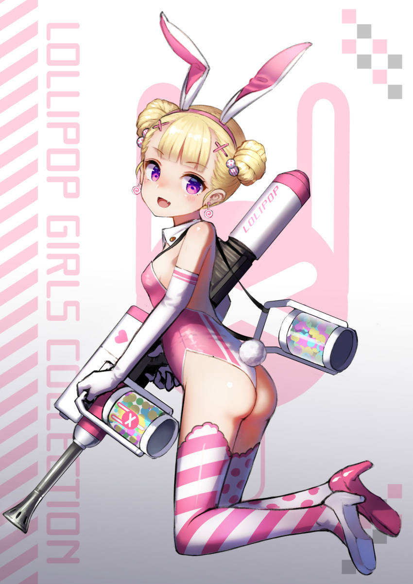 :d animal_ears ass bangs bare_shoulders blonde_hair blunt_bangs blush breasts bunnysuit character_request copyright_request detached_collar diagonal-striped_legwear double_bun earrings eyebrows_visible_through_hair fake_animal_ears fake_tail fang from_side full_body gloves gradient gradient_background grey_background gun hair_bobbles hair_ornament hairband head_tilt heart high_heels highres holding holding_gun holding_weapon jewelry looking_at_viewer mismatched_footwear mismatched_legwear open_mouth pink_footwear pink_hairband pink_legwear polka_dot polka_dot_legwear pyonsuke_(pyon2_mfg) rabbit_ears rifle short_hair small_breasts smile tail thigh-highs thighs violet_eyes weapon white_background white_footwear white_gloves white_legwear x_hair_ornament