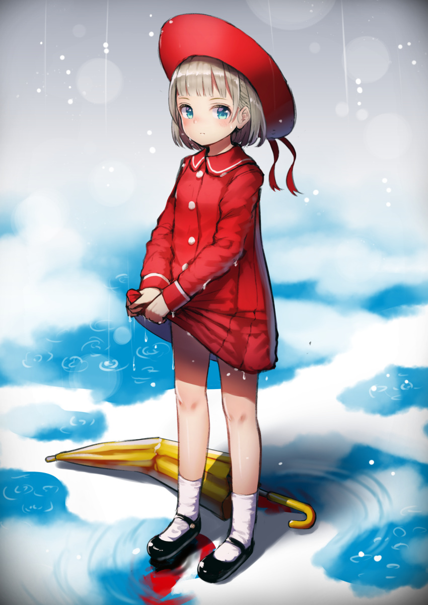 1girl bangs black_footwear blue_eyes blush character_request closed_umbrella copyright_request dress full_body hat hat_ribbon highres long_sleeves looking_at_viewer mary_janes pyonsuke_(pyon2_mfg) rain red_dress red_headwear red_ribbon ribbon ripples shadow shoes short_dress short_hair silver_hair socks solo standing umbrella white_legwear wringing_clothes yellow_umbrella