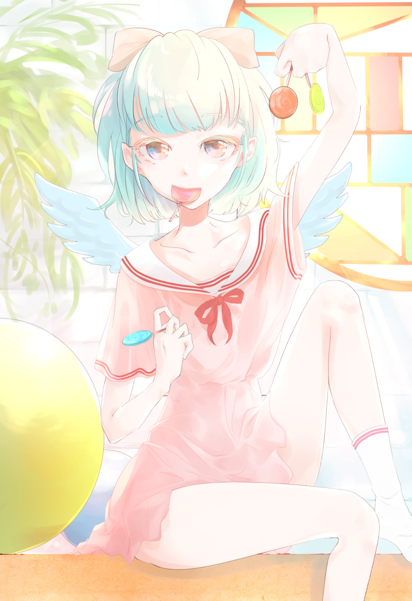 1girl angel_wings aqua_hair arm_above_head bow clenched_hand dress hair_bow highres holding holding_lollipop looking_at_viewer matsunaga777 original pink_dress plant red_neckwear sailor_collar sailor_dress short_hair short_sleeves sitting socks spread_wings stained_glass sunlight white_legwear white_sailor_collar white_wings wings