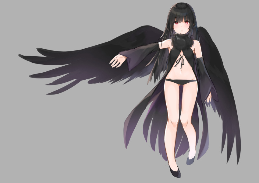 1girl :o absurdres angel_wings armpits ass_visible_through_thighs bare_legs bare_shoulders black_footwear black_hair black_panties detached_sleeves flats full_body fur_collar grey_background hashiko_nowoto highres long_hair long_sleeves looking_at_viewer navel negative_space original outstretched_arm panties parted_lips red_eyes revealing_clothes simple_background solo standing stomach thighs underwear wings