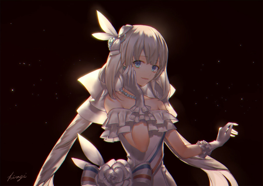 1girl black_background blue_eyes bow collarbone dress evening_gown eyebrows_visible_through_hair fate/grand_order fate_(series) floating_hair gloves hair_bow hair_ornament jewelry kibou layered_gloves long_hair looking_at_viewer marie_antoinette_(fate/grand_order) necklace off-shoulder_dress off_shoulder parted_lips signature silver_hair sleeveless sleeveless_dress solo standing striped striped_dress twintails upper_body very_long_hair white_bow white_dress white_gloves
