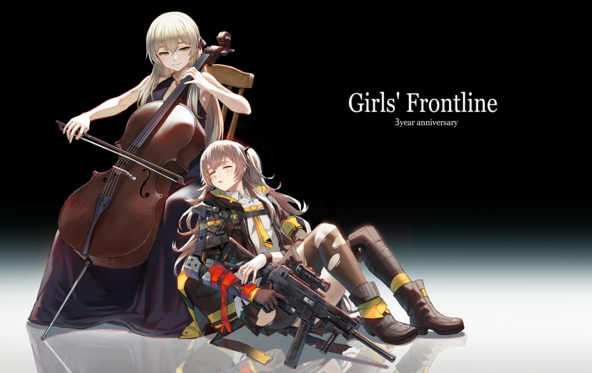 2girls alternate_costume bangs blush brown_hair dress eyebrows_visible_through_hair full_body girls_frontline gloves grey_hair gun h&amp;k_ump h&amp;k_ump45 hair_between_eyes hair_ornament heckler_&amp;_koch highres holding holding_gun holding_weapon jacket jewelry long_hair looking_at_viewer mechanical_arm mod3_(girls_frontline) multiple_girls necklace one-eyed one_side_up open_clothes open_mouth pantyhose purple_dress red_ribbon ribbon scar scar_across_eye shirt skirt sleeping smile submachine_gun taesi torn_clothes torn_legwear ump40_(girls_frontline) ump45_(girls_frontline) weapon yellow_eyes