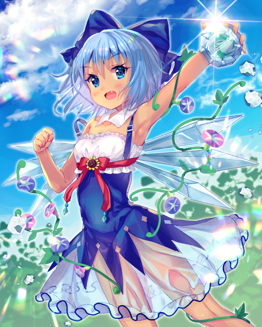 1girl adapted_costume animal arm_up armpits ayane_yui bandeau bangs bare_arms bare_shoulders blue_bow blue_dress blue_eyes blue_flower blue_hair blue_sky blush bow breasts cirno clenched_hand clouds commentary_request day detached_collar dress eyebrows_visible_through_hair fang feet_out_of_frame flower frills frog frozen frozen_frog hair_between_eyes hair_bow hand_up highres holding holding_animal ice ice_wings looking_at_viewer open_mouth outdoors plant purple_flower red_ribbon ribbon see-through short_hair sky small_breasts solo sparkle strap_slip sunflower tan tanned_cirno thighs touhou vines wings