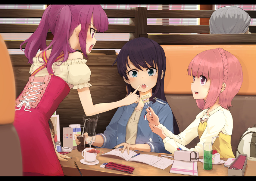 3girls absurdres alice_gear_aegis bangs bare_shoulders bendy_straw blue_eyes blue_jacket braid brown_hair brown_shirt cake cellphone cellphone_case character_request commentary_request crown_braid cup dress drink drinking_glass drinking_straw eyebrows_visible_through_hair feeding fingernails food fork hair_between_eyes highres holding holding_cup holding_fork huge_filesize indoors jacket long_hair mechanical_pencil momo_(higanbana_and_girl) multiple_girls off-shoulder_shirt off_shoulder open_clothes open_jacket open_mouth pencil pencil_case phone pink_dress pink_hair pointing puffy_short_sleeves puffy_sleeves purple_hair round_teeth saucer seat shirt short_sleeves sitting slice_of_cake standing tea teacup teeth twintails upper_teeth very_long_hair violet_eyes white_shirt yellow_dress