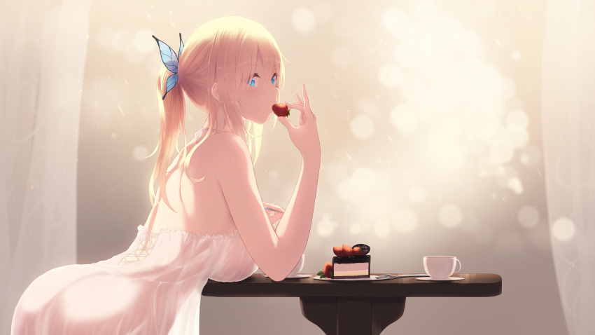 1girl absurdres ass backlighting blonde_hair blue_eyes blurry bokeh boku_wa_tomodachi_ga_sukunai breast_rest breasts butterfly_hair_ornament cait cake depth_of_field dress eating food from_side fruit hair_between_eyes hair_ornament halterneck highres kashiwazaki_sena large_breasts leaning_forward long_hair looking_at_viewer paid_reward patreon_reward ponytail see-through_silhouette sidelocks solo strawberry white_dress