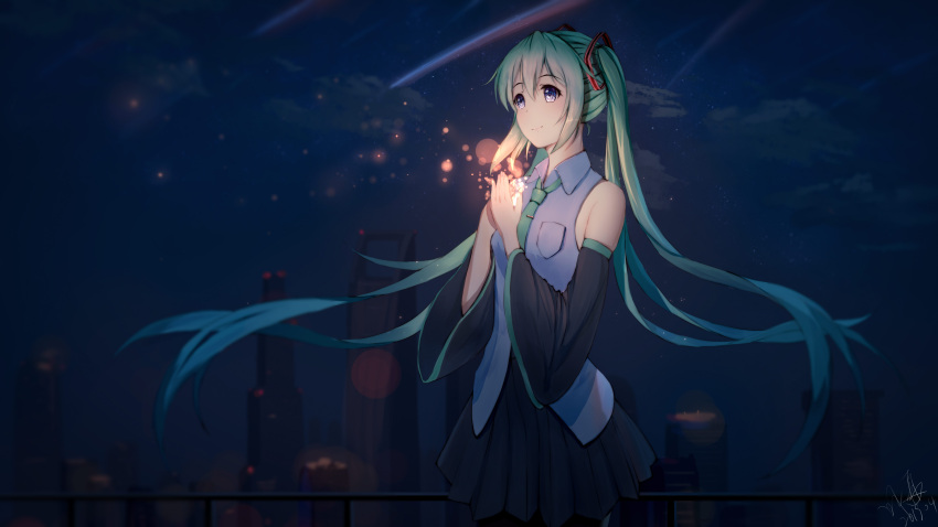 1girl 2019 absurdres black_skirt black_sleeves blue_eyes blue_hair collared_shirt dated detached_sleeves dress_shirt floating_hair gradient_hair green_hair grey_shirt hair_between_eyes hair_ornament hands_together hatsune_miku highres long_hair long_sleeves miniskirt multicolored_hair night night_sky outdoors pleated_skirt rooftop shirt signature skirt sky sleeveless sleeveless_shirt smile solo user_cxmk7438 very_long_hair vocaloid wide_sleeves wing_collar