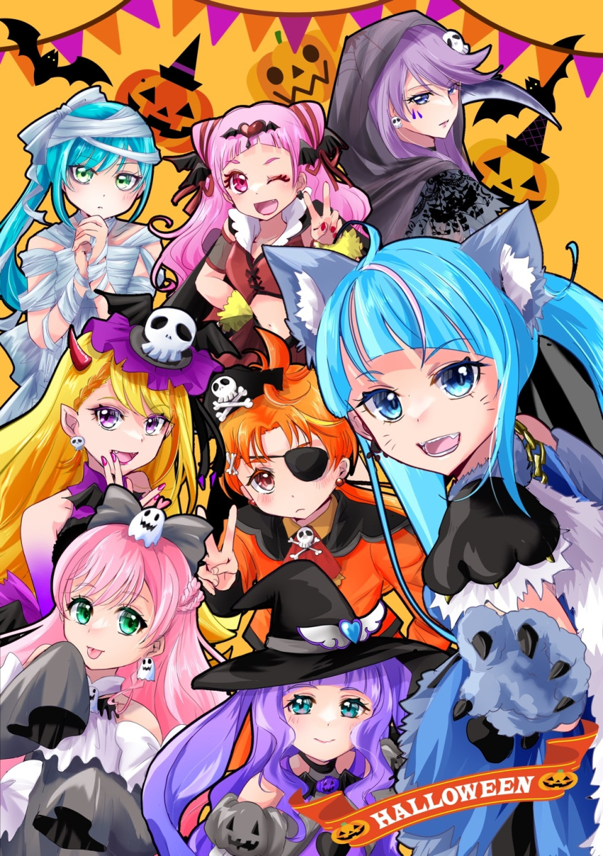 1boy 6+girls :p animal_ears animal_hands aqua_eyes bandaged_head bandages bat_(animal) black_cloak blue_eyes blue_hair blue_shirt bow braid braided_bangs chain cloak closed_mouth clothing_cutout commentary cone_hair_bun cropped_shirt cure_butterfly cure_majesty cure_moonlight cure_prism cure_sky cure_spicy cure_wing cure_yell cut_bangs delicious_party_precure demon_horns detached_sleeves double_bun dress earrings ellee-chan english_text eyepatch fang fangs french_braid fur-trimmed_shirt fur_trim fuwa_kokone ghost_earrings ghost_hair_ornament gloves green_eyes grey_bow grey_dress hair_bow hair_bun hair_ornament hair_ribbon halloween halloween_costume halterneck hand_to_own_mouth hat hat_ornament heartcatch_precure! highres hijiri_ageha hirogaru_sky!_precure holding_sickle horns hugtto!_precure in-franchise_crossover jack-o'-lantern jewelry long_hair long_sleeves looking_at_viewer magical_girl manekineko5319 multicolored_hair multiple_girls mummy_costume navel nijigaoka_mashiro nono_hana open_mouth orange_hair orange_shirt own_hands_together paw_gloves pink_eyes pink_hair precure puffy_detached_sleeves puffy_sleeves purple_hair red_eyes red_ribbon ribbon shirt short_sleeves shoulder_cutout sickle skull_earrings skull_hair_ornament skull_hat_ornament sleeves_past_fingers sleeves_past_wrists smile sora_harewataru streaked_hair string_of_flags tongue tongue_out tsukikage_yuri twintails two_side_up v violet_eyes wing_hat_ornament witch_hat yuunagi_tsubasa