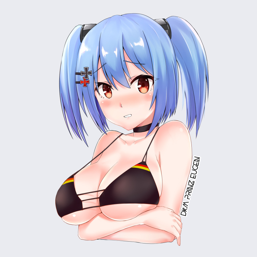 1girl absurdres azur_lane bangs bikini black_bikini black_choker blue_hair blush breast_hold breasts choker clenched_teeth collarbone cosplay cropped_torso crossed_arms eyebrows_visible_through_hair flag_print german_flag german_flag_bikini grey_background hair_between_eyes hair_ornament highres iron_cross large_breasts looking_at_viewer medium_hair nose_blush parted_lips prinz_eugen_(azur_lane) prinz_eugen_(azur_lane)_(cosplay) prinz_eugen_(unfading_smile)_(azur_lane) prinz_eugen_(warship_girls_r) red_eyes solo strap_gap swimsuit teeth twintails underbust upper_body warship_girls_r yesheng_yaomeng