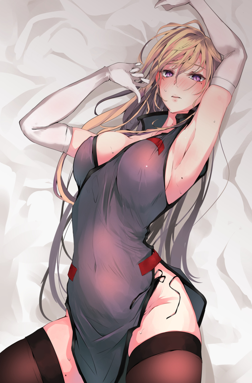 1girl akiyama_cz4a armpits arms_up bangs bare_shoulders bed_sheet black_legwear black_panties blonde_hair blush breasts commentary covered_navel cowboy_shot elbow_gloves eyebrows_visible_through_hair gloves groin hair_between_eyes highres large_breasts long_hair looking_at_viewer lying mole mole_on_thigh mole_under_eye no_hat no_headwear nose_blush on_back panties parted_lips pelvic_curtain shadow side-tie_panties solo sweat tabard thigh-highs touhou underwear untied untied_panties very_long_hair violet_eyes white_gloves yakumo_yukari