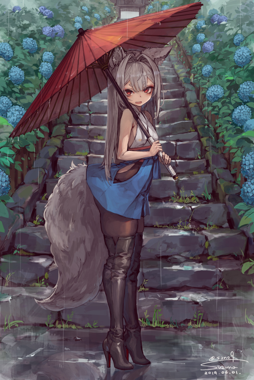 1girl animal_ear_fluff animal_ears ass backless_outfit bangs blue_skirt boots breasts dated eyebrows eyebrows_visible_through_hair eyeshadow fang flower fluffy fox_ears fox_girl fox_tail full_body grey_hair hair_between_eyes hakama hakama_skirt high_heel_boots high_heels highres hikimayu japanese_clothes leather leather_boots long_hair makeup oriental_umbrella original pantyhose rain red_eyes red_umbrella reflection short_eyebrows sidelocks signature skindentation skirt slit_pupils small_breasts stairs standing suzuno_(bookshelf) tail tail_lift thick_eyebrows thigh-highs thigh_boots thighs torii twitter_username umbrella vegetation wet_ground