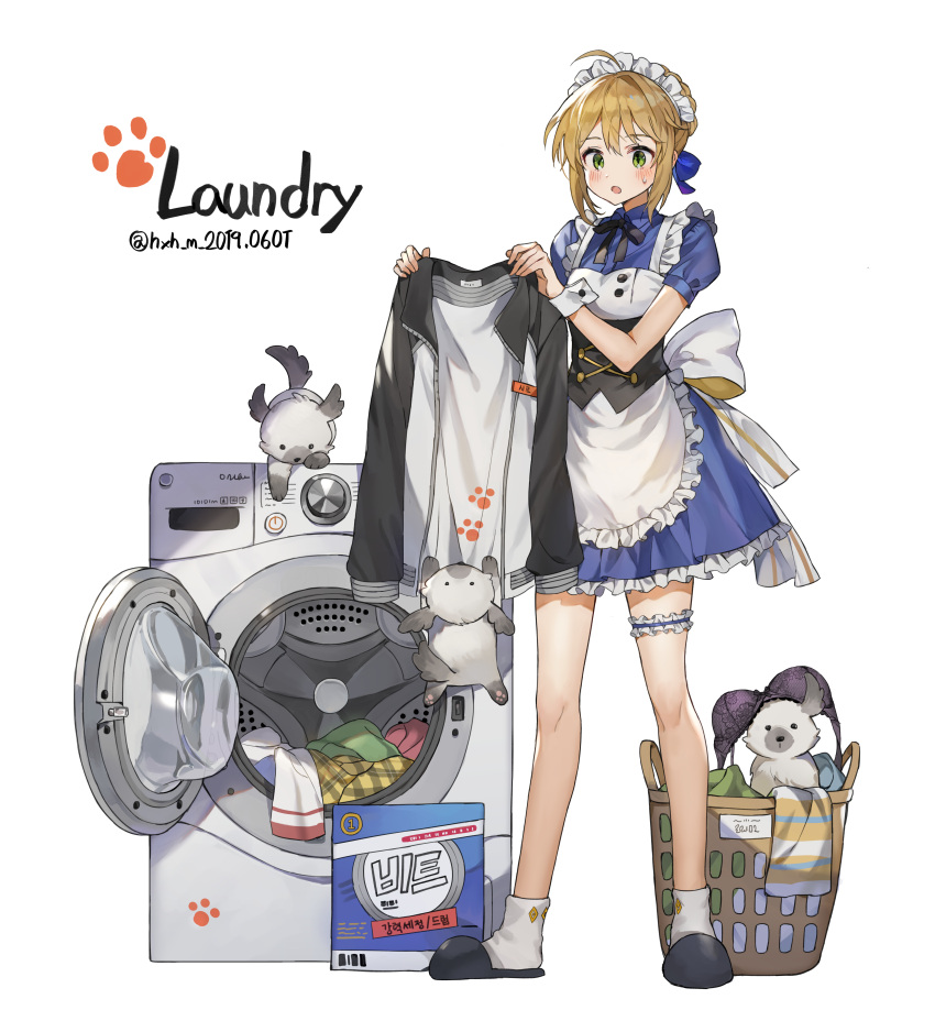1girl absurdres ahoge artoria_pendragon_(all) basket blonde_hair blue_dress blush box bra commentary detergent dress english_commentary fate/stay_night fate_(series) frills full_body gompang green_eyes highres holding_clothes huge_filesize korean_text leg_garter maid open_mouth saber short_dress simple_background solo translation_request underwear washing_machine