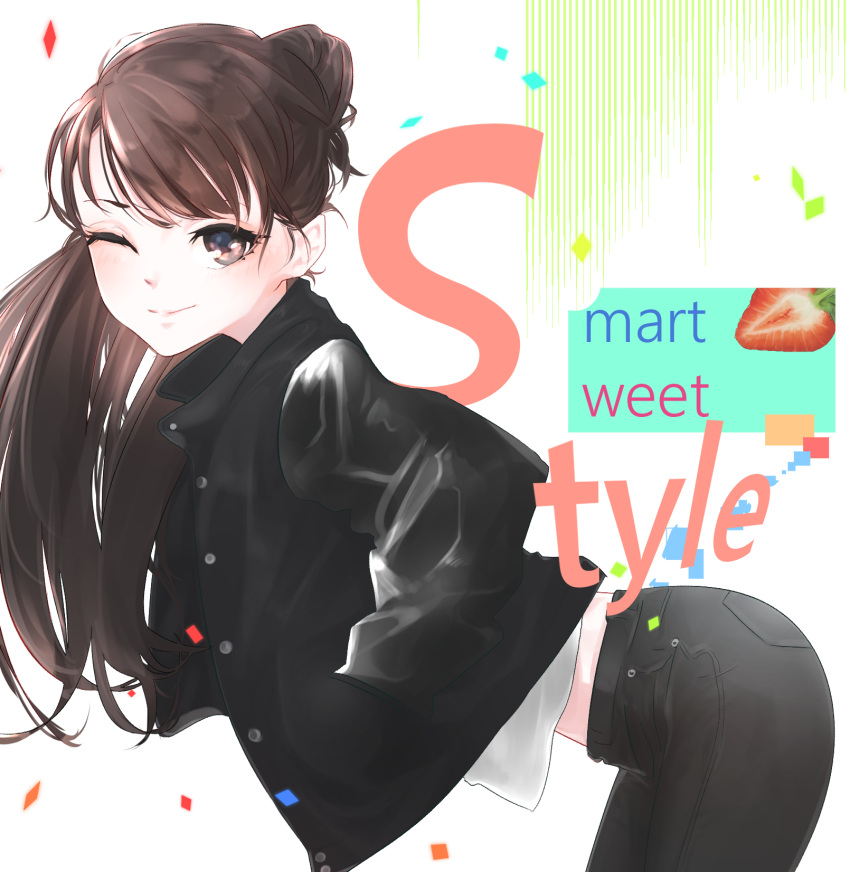 1girl bangs black_jacket black_pants brown_eyes closed_mouth denim food from_side fruit highres jacket jeans leaning_forward long_hair long_sleeves looking_at_viewer matsunaga777 midriff one_eye_closed original pants ponytail shirt smile strawberry white_background white_shirt