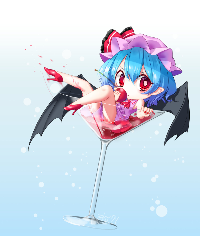 1girl absurdres adapted_costume armpit_peek bare_arms bare_legs blue_background blue_hair blush cherry chibi cocktail_glass commentary_request covering_mouth cravat cup drinking_glass expressionless fingernails food fruit furrowed_eyebrows gradient gradient_background hair_between_eyes hat hat_ribbon high_heels highres holding holding_food holding_fruit in_container in_cup kicking leg_lift looking_at_viewer minigirl mob_cap motion_blur pointy_ears purple_headwear purple_shirt purple_skirt red_eyes red_footwear red_nails red_neckwear remilia_scarlet ribbon shirt short_hair simple_background skirt sleeveless sleeveless_shirt solo stiletto_heels touhou water_drop zakozako_y