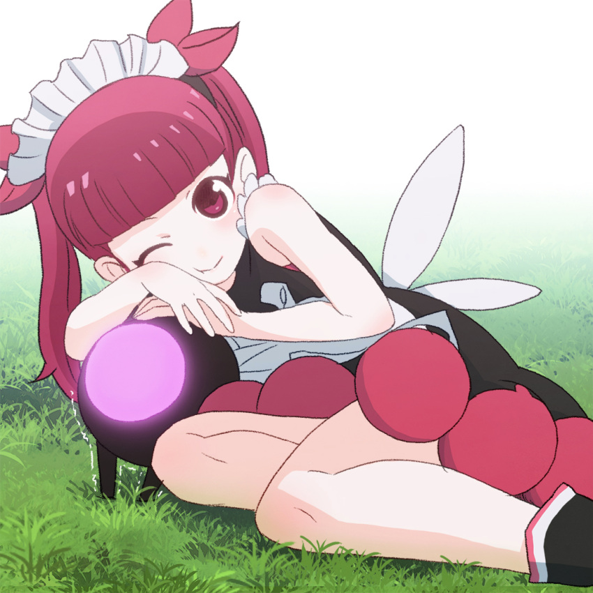 1girl ;) bangs bare_shoulders blunt_bangs bonnet cheek_press commentary_request dress grass hair_ribbon kemurikusa long_hair looking_at_viewer one_eye_closed outdoors red_eyes redhead ribbon rina_(kemurikusa) sat-c shiro_(kemurikusa) sleeveless sleeveless_dress smile solo twintails