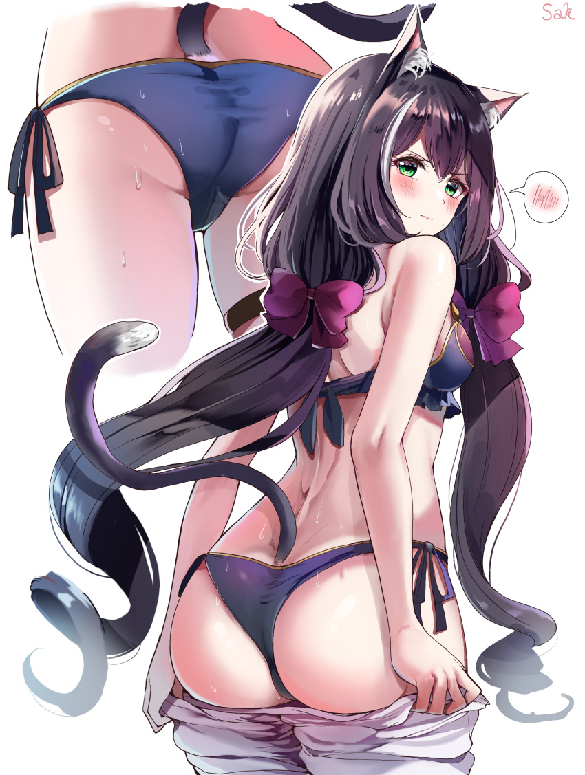 1girl absurdres animal_ear_fluff animal_ears ass bangs bare_shoulders bikini black_hair blush breasts cat_ears cat_tail green_eyes highres kyaru_(princess_connect) long_hair looking_at_viewer low_twintails multicolored_hair multiple_views princess_connect! princess_connect!_re:dive purple_bikini sak_(lemondisk) side-tie_bikini simple_background spoken_blush streaked_hair swimsuit tail twintails v-shaped_eyebrows very_long_hair wet white_background white_hair