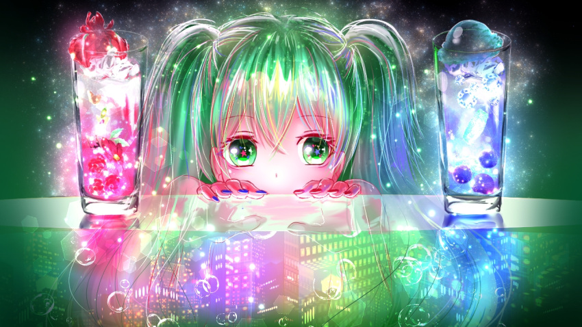 1girl blue_nails eyebrows_visible_through_hair glass green_eyes green_hair hair_between_eyes hatsune_miku hiding long_hair looking_at_viewer multicolored multicolored_nails nail_polish red_nails shigemu_room vocaloid