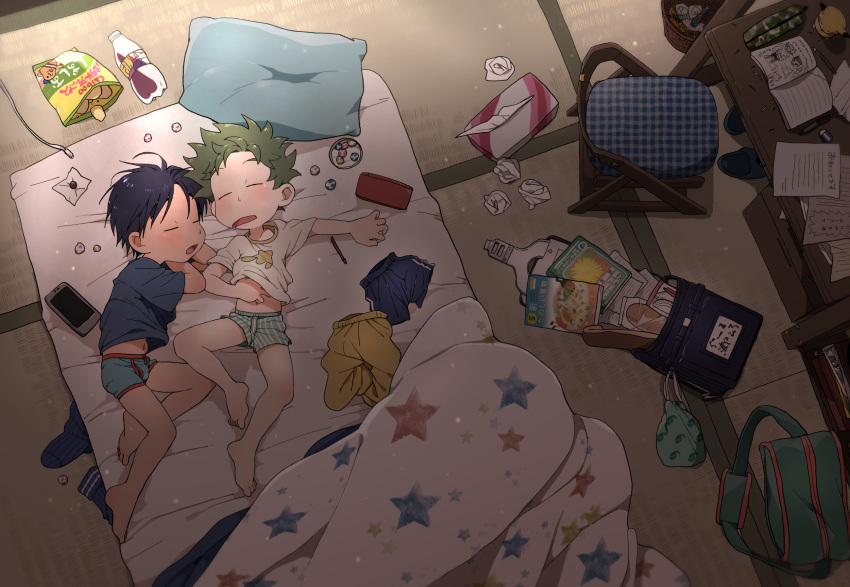 2boys black_hair boxers briefs cellphone chair chips closed_eyes food green_hair highres multiple_boys original phone pillow potato_chips shirt sleeping soda_bottle t-shirt taremayuzou tissue tissue_box underwear