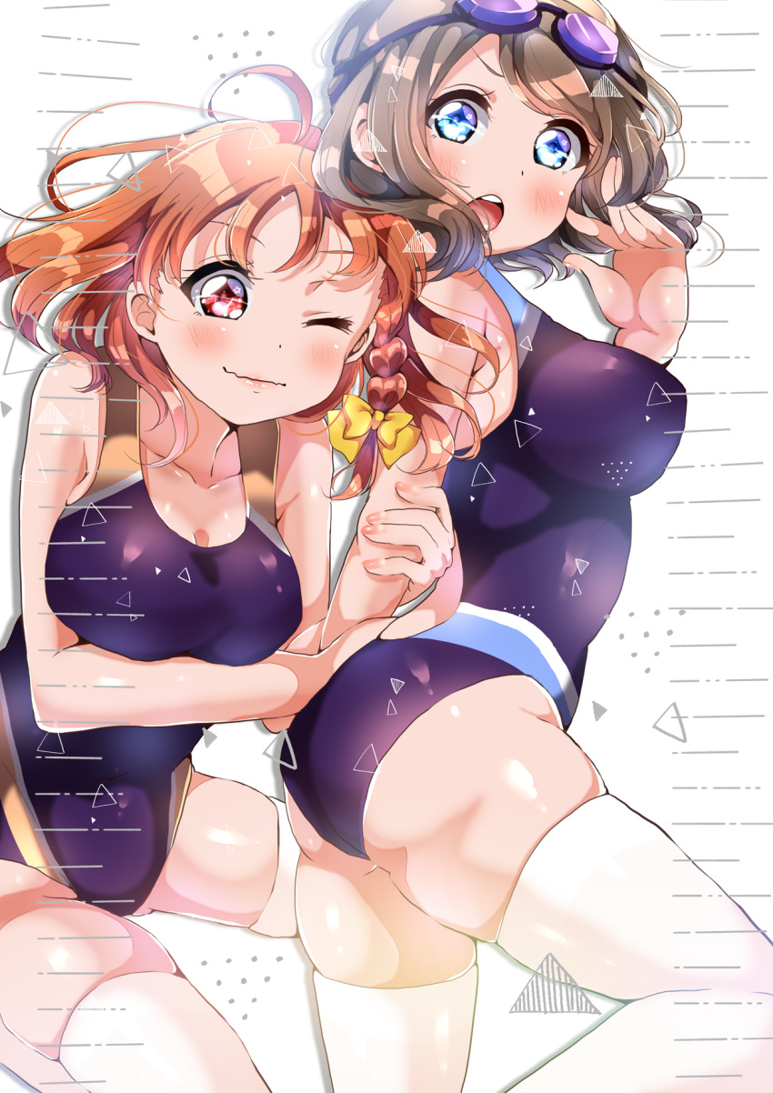 2girls ahoge arm_hug black_swimsuit blue_eyes braid brown_hair competition_swimsuit cowboy_shot goggles goggles_on_head highres looking_at_viewer love_live! love_live!_sunshine!! multiple_girls one-piece_swimsuit open_mouth orange_hair panda_copt red_eyes ribbon round_teeth short_hair side_braid simple_background swimsuit takami_chika teeth thigh-highs upper_teeth watanabe_you wavy_hair white_background white_legwear yellow_ribbon