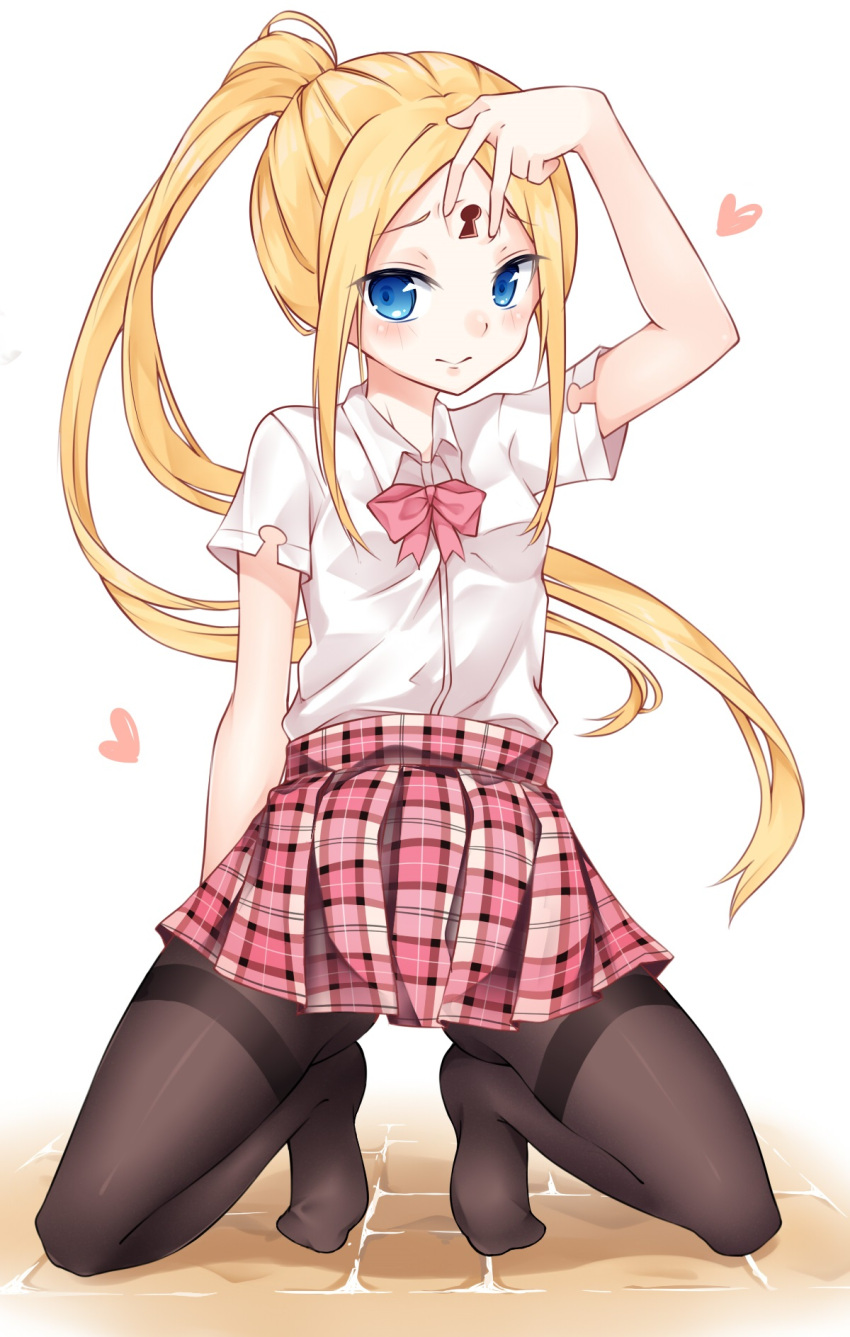 1girl abigail_williams_(fate/grand_order) ai_cao alternate_costume alternate_hairstyle arm_up blonde_hair blue_eyes blush brown_hair closed_mouth collared_shirt commentary_request dress_shirt fate/grand_order fate_(series) full_body heart high_ponytail highres keyhole kneeling long_hair no_shoes pantyhose plaid plaid_skirt pleated_skirt ponytail red_skirt shirt short_sleeves sidelocks skirt solo thighband_pantyhose very_long_hair white_background white_shirt