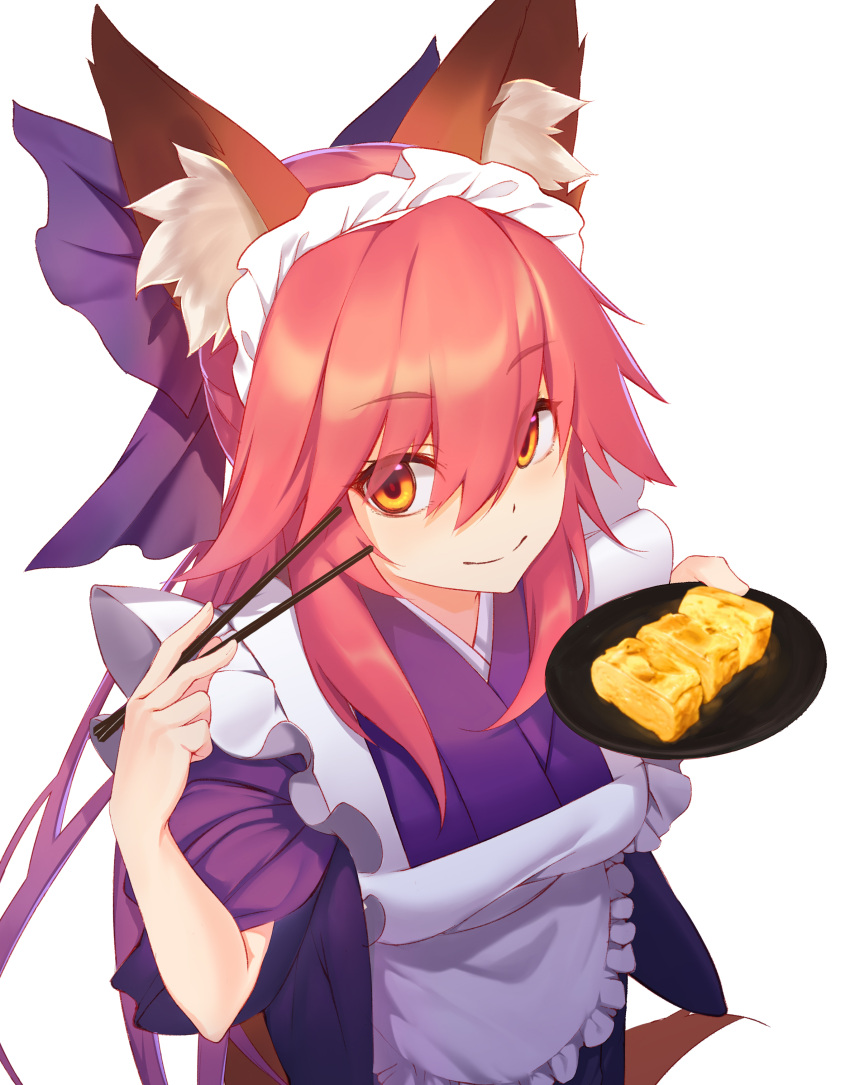 1girl absurdres animal_ear_fluff animal_ears apron blue_bow bow chopsticks eyebrows_visible_through_hair fate/grand_order fate_(series) food fox_ears fox_girl fox_tail frilled_apron frills gallant99770 hair_bow highres holding holding_chopsticks holding_tray japanese_clothes kimono maid_apron maid_headdress pink_hair simple_background smile solo tail tamamo_(fate)_(all) tamamo_no_mae_(fate) tray upper_body wa_maid white_apron white_background yellow_eyes