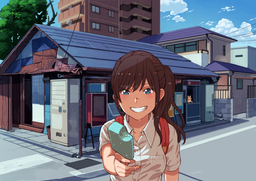 1girl blue_eyes brown_hair commentary dark_skin dog food giving grin looking_at_viewer original outdoors popsicle pov scenery school_uniform side_ponytail smile solo sweat tanuki_koubou