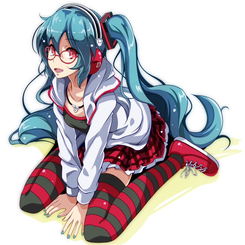 1girl :d alternate_eye_color between_legs black_shirt blue_hair blue_nails collarbone glasses hand_between_legs hatsune_miku headphones highres hood hood_down hooded_jacket jacket jewelry long_hair looking_at_viewer miniskirt nail_polish necklace open_clothes open_jacket open_mouth plaid plaid_skirt pleated_skirt project_diva_(series) red-framed_eyewear red_eyes red_footwear red_skirt shiny shiny_hair shirt shoes simple_background sitting skirt smile sneakers solo striped striped_legwear thigh-highs tsukishiro_saika very_long_hair vocaloid wariza white_background white_jacket zettai_ryouiki