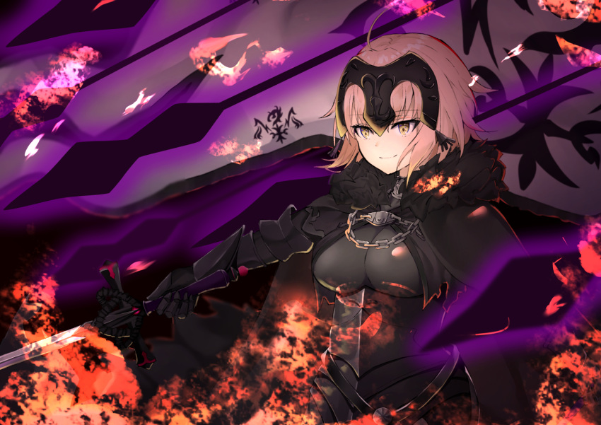 1girl ahoge armor armored_dress aura bangs black_cape black_dress blurry blurry_foreground breasts brown_eyes brown_hair burning cape chain closed_mouth commentary_request dark_aura depth_of_field dress eyebrows_visible_through_hair fate/grand_order fate_(series) fire gauntlets hair_between_eyes headpiece highres hikashou holding holding_sword holding_weapon jeanne_d'arc_(alter)_(fate) jeanne_d'arc_(fate)_(all) medium_breasts smile solo sword torn_cape torn_clothes upper_body weapon