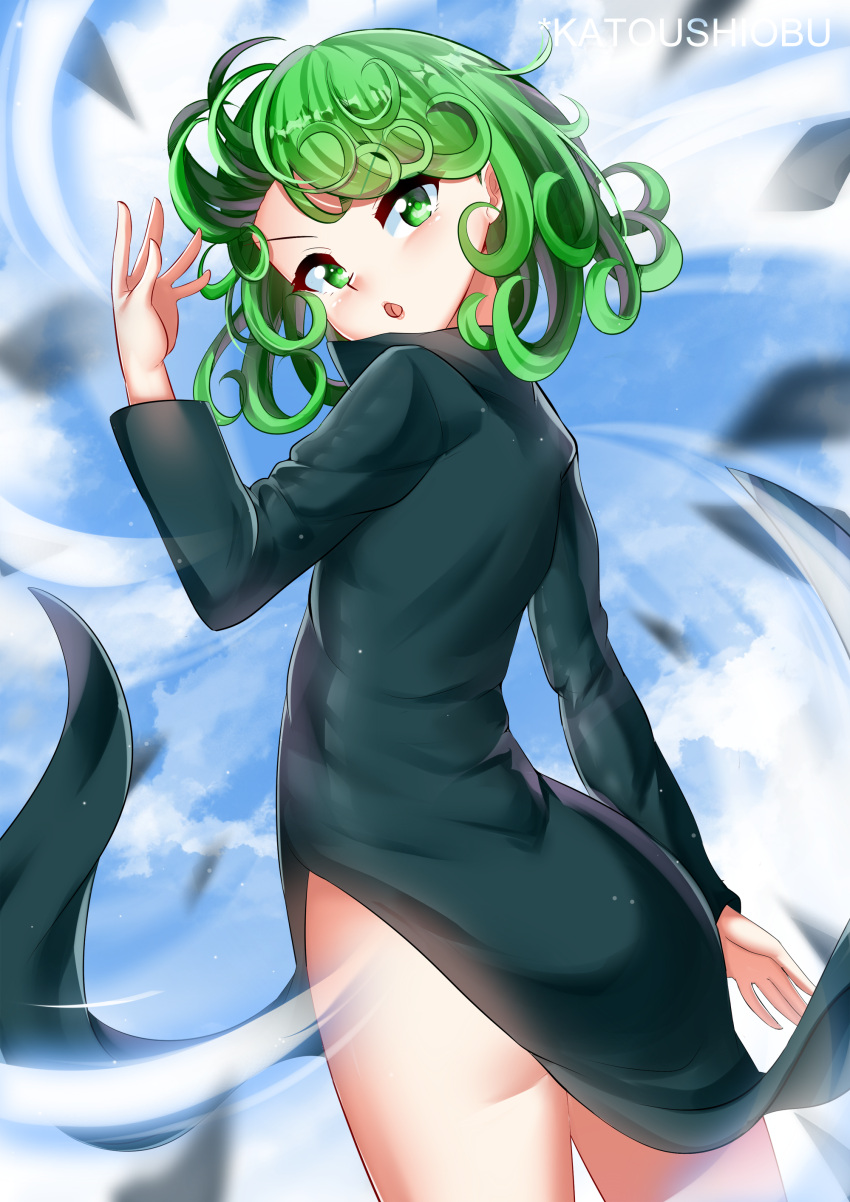 1girl :o absurdres ass aura back black_dress breasts curly_hair dress floating green_eyes green_hair highres katou_shinobu no_panties one-punch_man short_hair side_slit small_breasts solo tatsumaki telekinesis