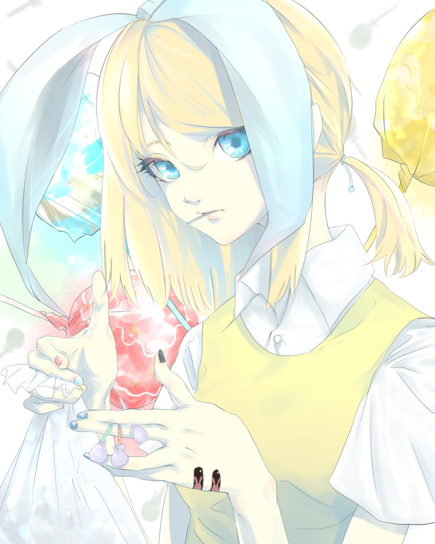 1girl bandaid_on_hand blue_eyes bow breasts candy collared_shirt fingernails food hair_between_eyes hands_up highres lips looking_at_viewer matsunaga777 multicolored multicolored_nails shirt short_sleeves small_breasts solo upper_body vest vocaloid white_bow yellow_vest