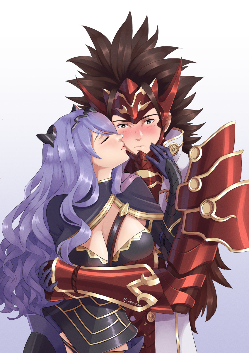 1boy 1girl absurdres aequorine arm_guards armor blush breasts brown_hair camilla_(fire_emblem_if) capelet closed_eyes embarrassed fire_emblem fire_emblem_if gloves headgear highres hug hug_from_behind kiss large_breasts long_hair purple_hair ryouma_(fire_emblem_if) spiky_hair