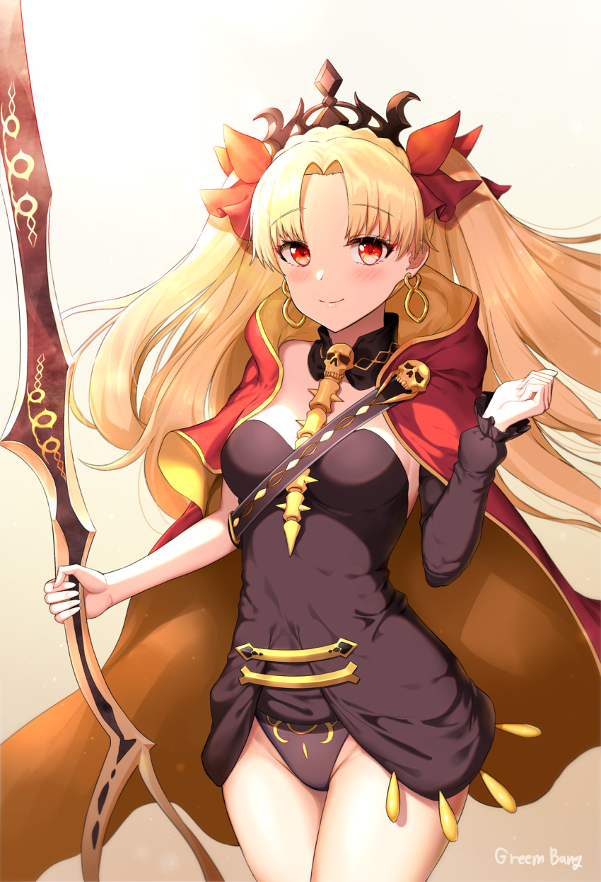 1girl bangs black_dress black_sleeves blonde_hair blush cape closed_mouth commentary_request cowboy_shot detached_sleeves dress earrings ereshkigal_(fate/grand_order) eyebrows_visible_through_hair fate/grand_order fate_(series) greem_bang groin hair_ribbon hand_up highres holding infinity jewelry long_hair long_sleeves multicolored multicolored_cape multicolored_clothes parted_bangs red_cape red_eyes red_ribbon ribbon signature single_detached_sleeve skull smile solo spine tiara two_side_up very_long_hair yellow_cape