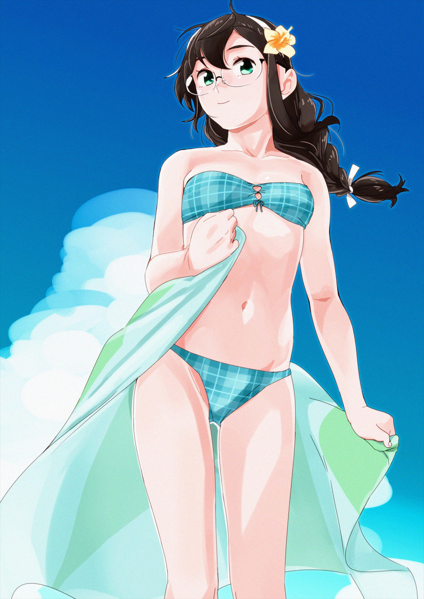 1girl bangs bare_shoulders bikini black_hair blue_sky breasts closed_mouth clouds collarbone commentary_request day eyebrows_visible_through_hair flower glasses green_eyes hair_between_eyes hair_flower hair_ornament hair_ribbon hairband highres kantai_collection long_hair looking_at_viewer navel ojipon ooyodo_(kantai_collection) outdoors ribbon semi-rimless_eyewear sky small_breasts smile solo standing swimsuit thighs under-rim_eyewear