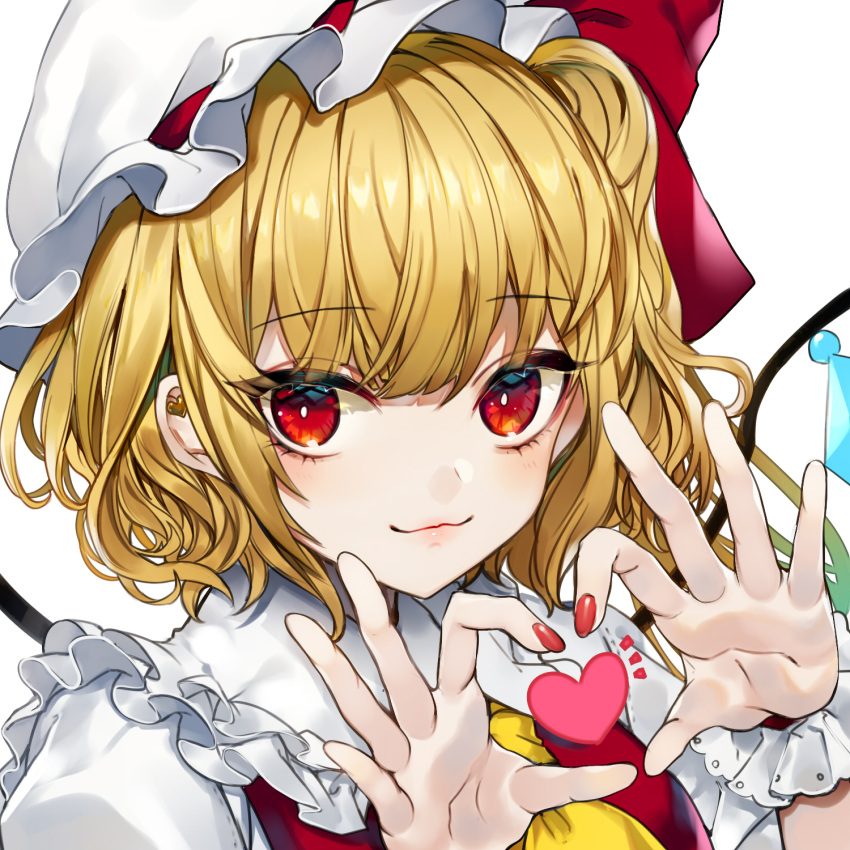 1girl ascot bangs blonde_hair bow commentary_request crystal daimaou_ruaeru ear_piercing eyebrows_visible_through_hair eyelashes flandre_scarlet frilled_shirt_collar frills hands_up hat hat_bow heart heart_hands highres looking_at_viewer mob_cap nail_polish one_side_up piercing portrait red_bow red_eyes red_nails red_vest short_hair sidelocks simple_background smile solo touhou vest white_background white_headwear wings wrist_cuffs yellow_neckwear