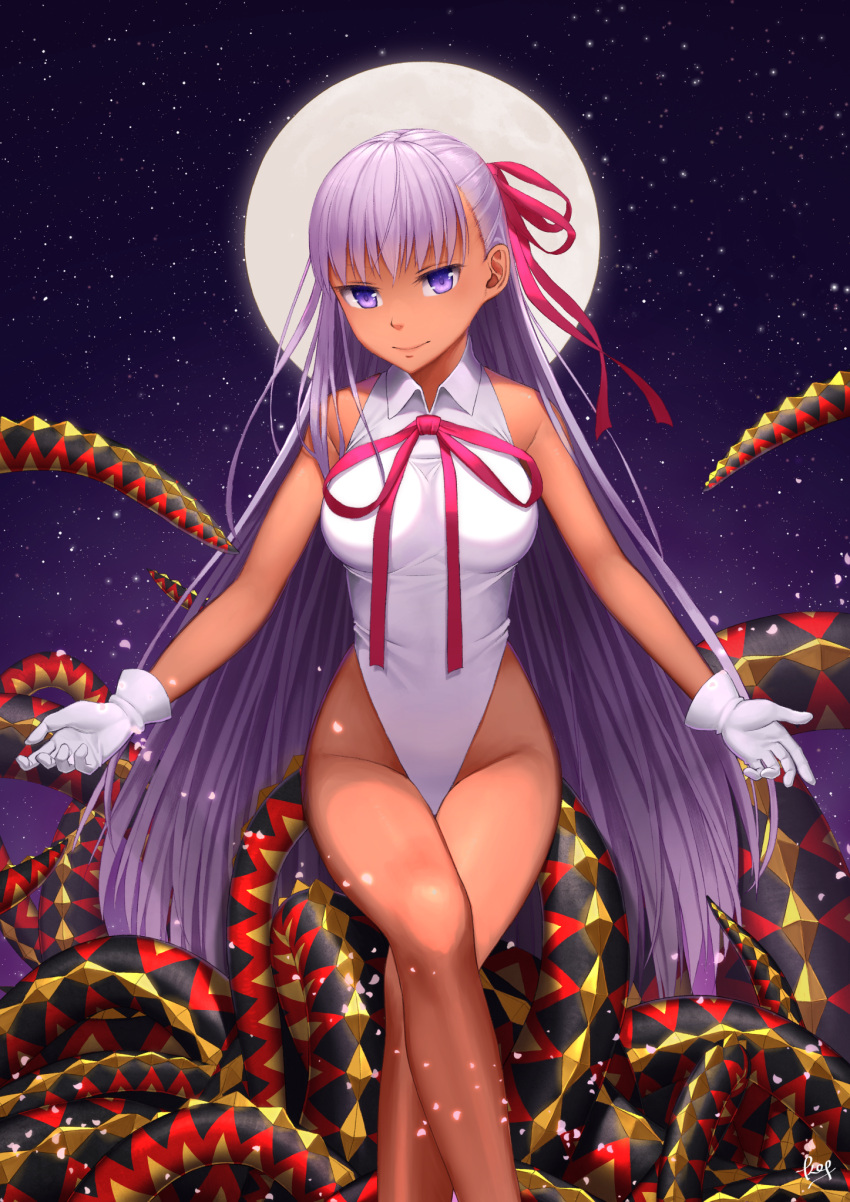 1girl ahoge1 bb_(fate)_(all) bb_(swimsuit_mooncancer)_(fate) commentary_request fate/grand_order fate_(series) feet_out_of_frame full_moon gloves hair_ribbon highleg highleg_leotard highres leotard looking_at_viewer moon night night_sky purple_hair red_ribbon revision ribbon sitting sky smile solo tan violet_eyes white_gloves white_leotard