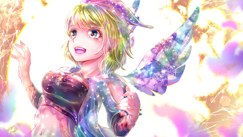 1girl :d blonde_hair blue_eyes crop_top highres kagamine_rin midriff navel open_mouth shigemu_room short_hair shoulder_cutout smile solo stomach upper_body vocaloid wings