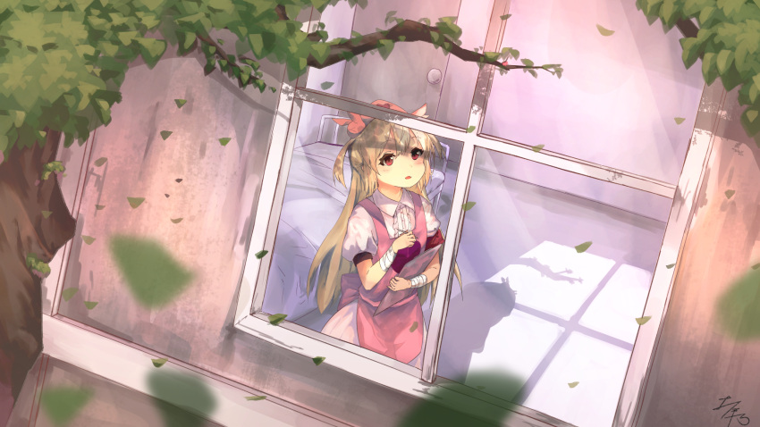 1girl apron bandages bed bunny_hair_ornament clipboard day dutch_angle hair_ornament heart highres jeynine9 leaf light_brown_hair long_hair natori_sana open_mouth pen pink_apron puffy_short_sleeves puffy_sleeves red_eyes sana_channel shadow short_sleeves signature solo standing through_windor tree two_side_up very_long_hair virtual_youtuber window