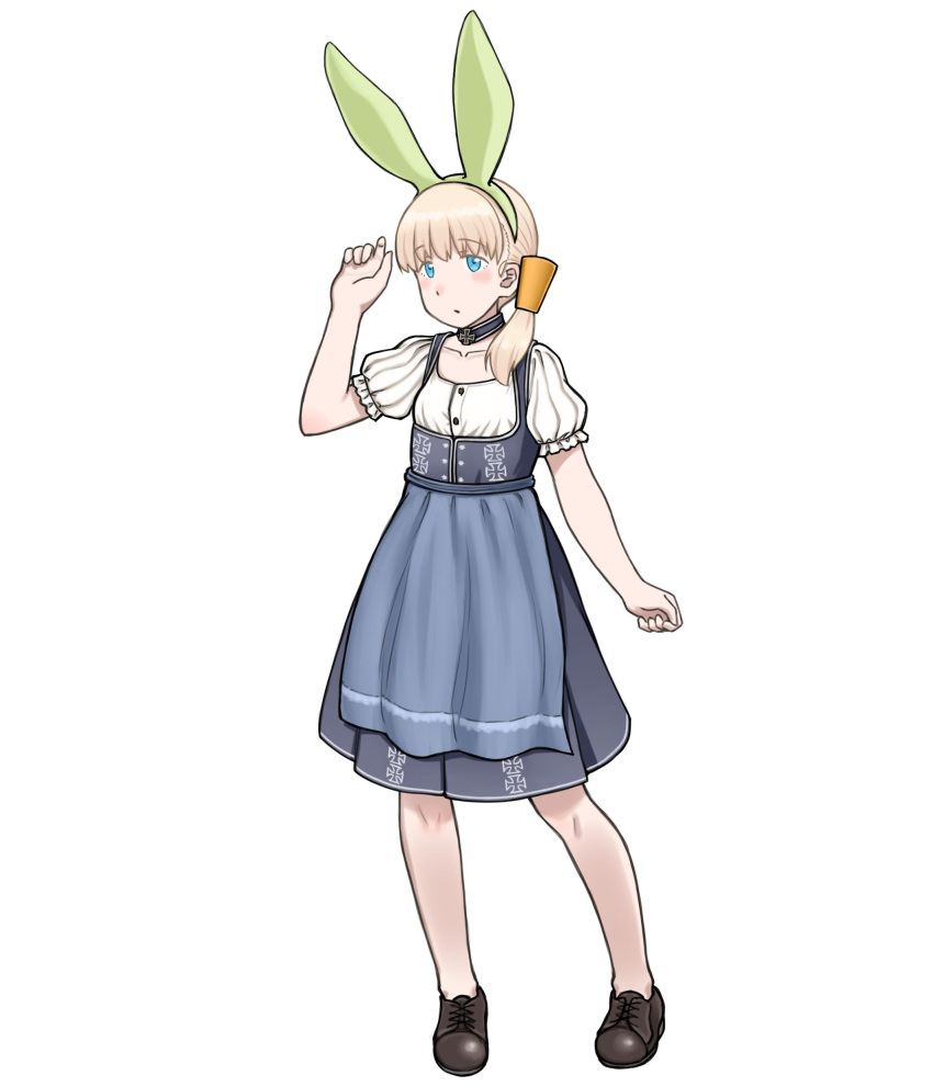 1girl absurdres alternate_costume animal_ears apron bangs black_footwear blonde_hair blue_apron blue_dress blue_eyes blunt_bangs dirndl dress fake_animal_ears full_body german_clothes hair_ornament highres kantai_collection long_hair porusasu puffy_short_sleeves puffy_sleeves rabbit_ears shin'you_(kantai_collection) shirt short_sleeves side_ponytail simple_background solo white_background white_shirt