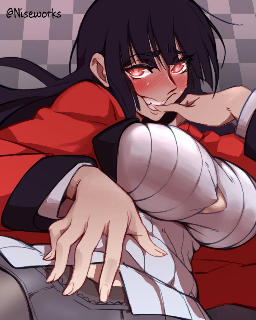 1girl black_hair blush breasts bursting_breasts close-up commentary english_commentary eyebrows_visible_through_hair fang grin highres hime_cut jabami_yumeko jacket kakegurui long_hair looking_at_viewer naughty_face nisego no_bra nose_blush out-of-frame_censoring panties panties_under_pantyhose pantyhose red_eyes red_jacket school_uniform sheer_legwear shirt smile solo sweat taut_clothes taut_shirt underwear