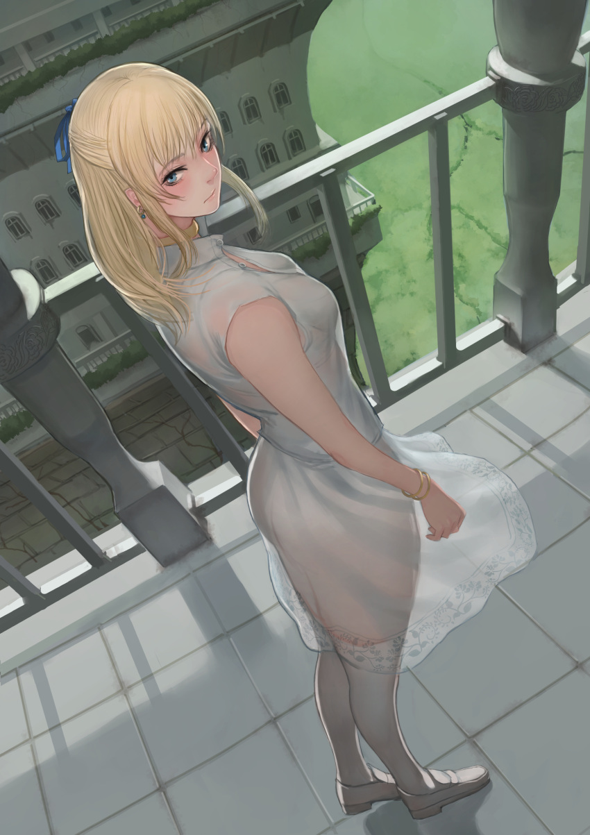 1girl absurdres ass blonde_hair blush breasts castle dress earrings hair_ribbon highres jewelry jittsu long_hair no_panties original ribbon see-through sleeveless solo white_background