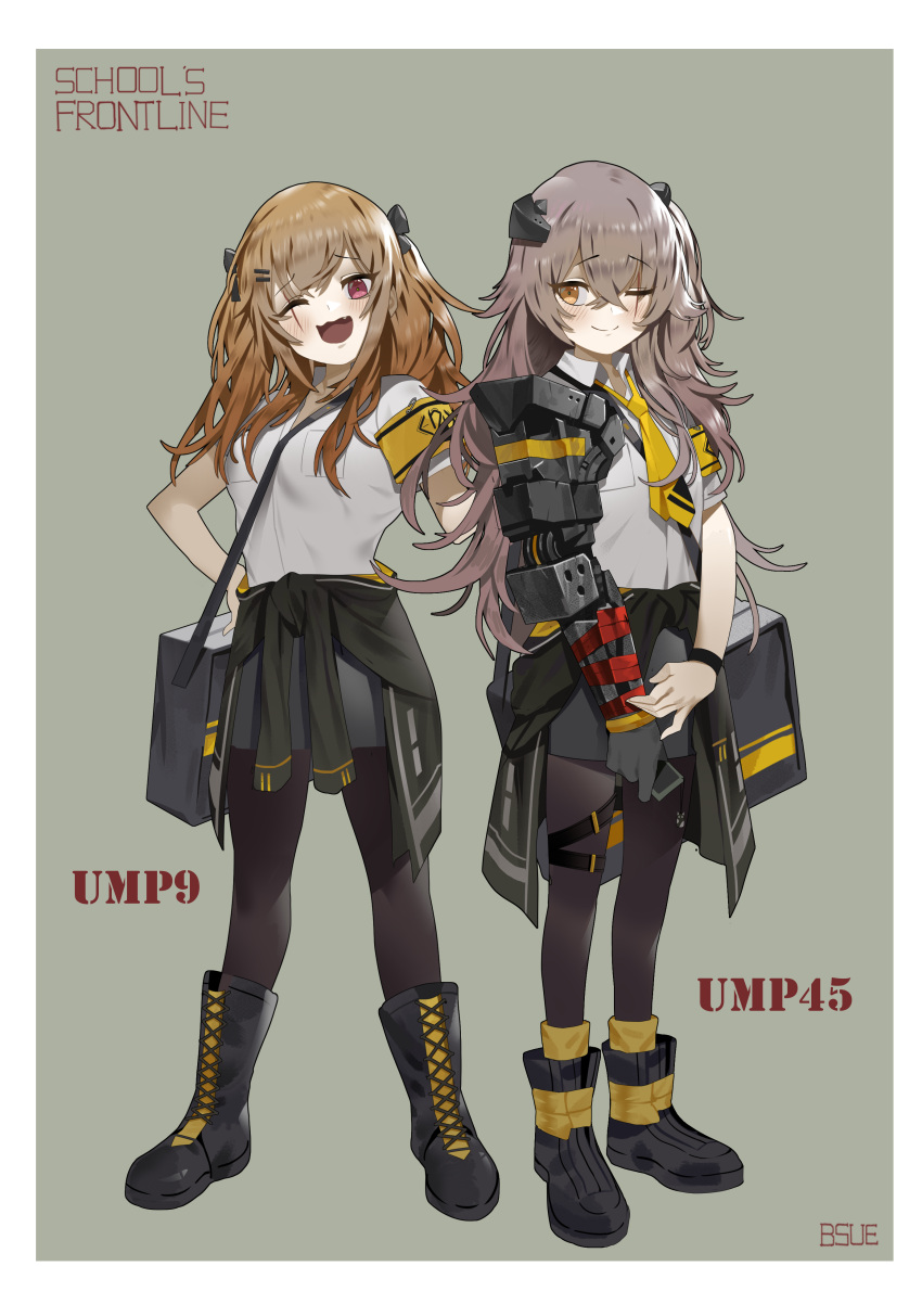 404_logo_(girls_frontline) absurdres armband boots bsue cellphone commentary_request english_text eyebrows_visible_through_hair girls_frontline gloves highres mechanical_arm mod3_(girls_frontline) multiple_girls one_eye_closed phone scar scar_across_eye school_uniform siblings sisters thigh-highs twins ump45_(girls_frontline) ump9_(girls_frontline) uniform