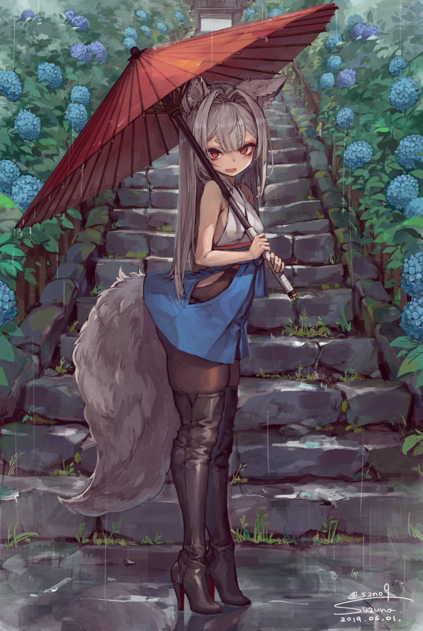 1girl animal_ear_fluff animal_ears ass backless_outfit bangs blue_skirt boots breasts commentary_request dated eyebrows eyebrows_visible_through_hair eyeshadow fang flower fluffy fox_ears fox_girl fox_tail full_body grey_hair hair_between_eyes hakama hakama_skirt high_heel_boots high_heels highres hikimayu japanese_clothes leather leather_boots long_hair makeup oriental_umbrella original pantyhose rain red_eyes red_umbrella reflection short_eyebrows sidelocks signature skindentation skirt slit_pupils small_breasts stairs standing suzuno_(bookshelf) tail tail_lift thick_eyebrows thigh-highs thigh_boots thighs torii twitter_username umbrella vegetation wet_ground