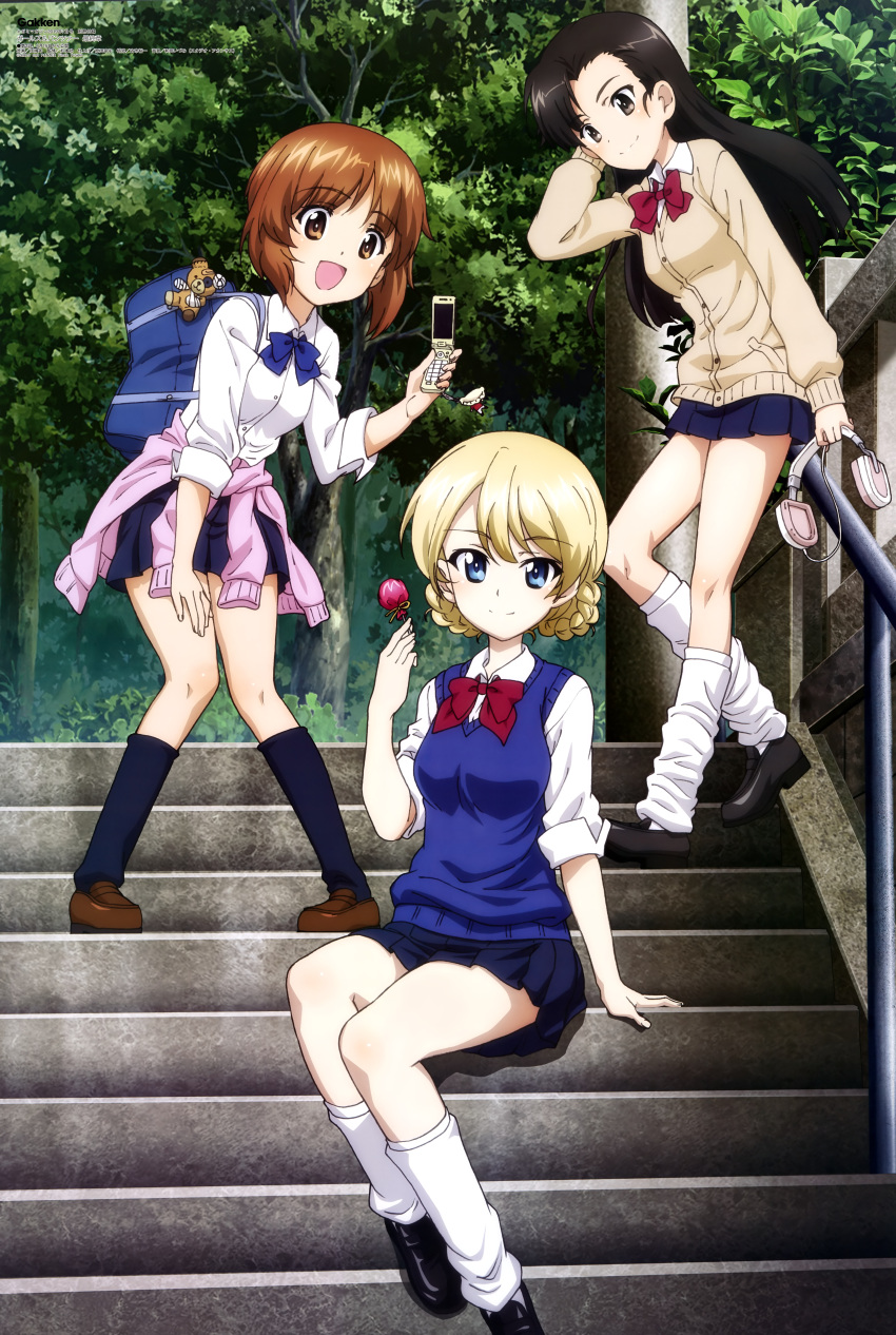 3girls :d absurdres backpack bag beige_sweater black_hair blonde_hair blue_eyes blue_skirt blue_sweater_vest boko_(girls_und_panzer) bow braided_bun brown_eyes brown_hair bush candy cellphone cellphone_charm closed_mouth clothes_around_waist collared_shirt darjeeling eyebrows_visible_through_hair food girls_und_panzer grey_eyes hand_in_hair headphones highres holding holding_food holding_headphones holding_phone leaf leaning_forward lollipop megami multiple_girls nishi_kinuyo nishizumi_miho open_mouth outdoors phone pink_sweater pleated_skirt pole railing school_uniform shirt shoes sitting skirt smile socks stairs standing stuffed_toy sweater sweater_around_waist tree wang_guo_nian white_shirt
