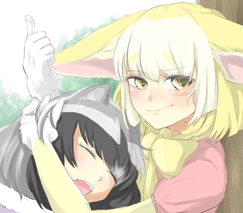 1girl animal_ears black_hair blonde_hair blush closed_eyes closed_mouth commentary_request common_raccoon_(kemono_friends) dress fang fennec_(kemono_friends) fox_ears fur-trimmed_gloves fur_trim gloves hand_in_another's_hair highres kemono_friends matsunaga777 open_mouth pink_dress short_sleeves sleeping sleeping_on_person smirk solo white_gloves yellow_neckwear