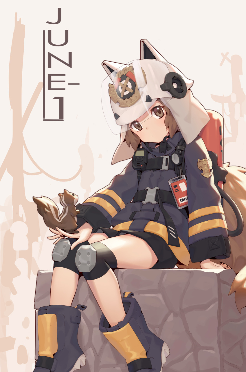 1girl animal animal_ears arknights arm_support black_shorts boots brown_eyes brown_hair chinese_commentary chunrijun_(springer) closed_mouth commentary_request firefighter grey_footwear head_tilt helmet highres jacket knee_pads long_sleeves looking_at_viewer purple_jacket shaw_(arknights) short_shorts shorts sitting solo squirrel squirrel_ears squirrel_girl squirrel_tail tail visor white_headwear