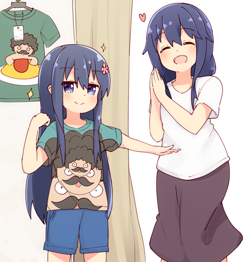 2girls ^_^ black_hair blue_eyes closed_eyes commentary doyagao higero_(wataten) highres long_hair manse mother_and_daughter multiple_girls shirosaki_hana shirosaki_haruka shirt short_shorts shorts t-shirt watashi_ni_tenshi_ga_maiorita!