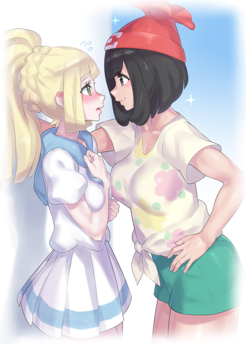 2girls against_wall bare_legs beanie black_eyes black_hair blonde_hair blush braid eye_contact face-to-face floral_print french_braid green_shorts hat high_ponytail highres hood lillie_(pokemon) long_hair looking_at_another miniskirt mizuki_(pokemon) mizuumi_(bb) multiple_girls pleated_skirt pokemon pokemon_(game) pokemon_sm red_headwear shirt short_hair short_shorts short_sleeves shorts skirt sweatdrop t-shirt tied_shirt wall_slam white_shirt white_skirt yuri