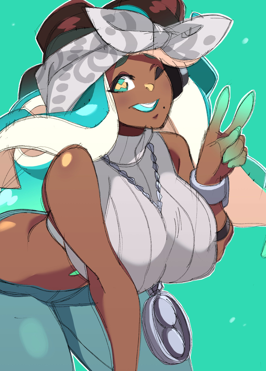 ;) absurdres alternate_costume bandana bent_over between_breasts breasts cephalopod_eyes chain_necklace crop_top dark_skin green_eyes green_hair green_lipstick green_pants highres huge_breasts iida_(splatoon) jewelry lipstick long_hair looking_at_viewer makeup midriff mole mole_under_mouth navel_piercing nisego octarian one_eye_closed pants pendant piercing pink_pupils ribbed_sweater sketch sleeveless sleeveless_turtleneck smile splatoon_(series) splatoon_2 splatoon_2:_octo_expansion suction_cups sweater tentacle_hair turtleneck turtleneck_sweater v