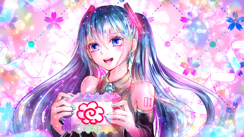 1girl :d black_sleeves blue_eyes blue_hair blue_nails blue_neckwear collared_shirt detached_sleeves floating_hair grey_shirt hair_between_eyes hair_ornament hatsune_miku holding long_hair long_sleeves nail_polish necktie open_mouth ribbon shigemu_room shiny shiny_hair shirt sleeveless sleeveless_shirt smile solo upper_body very_long_hair vocaloid white_ribbon wing_collar