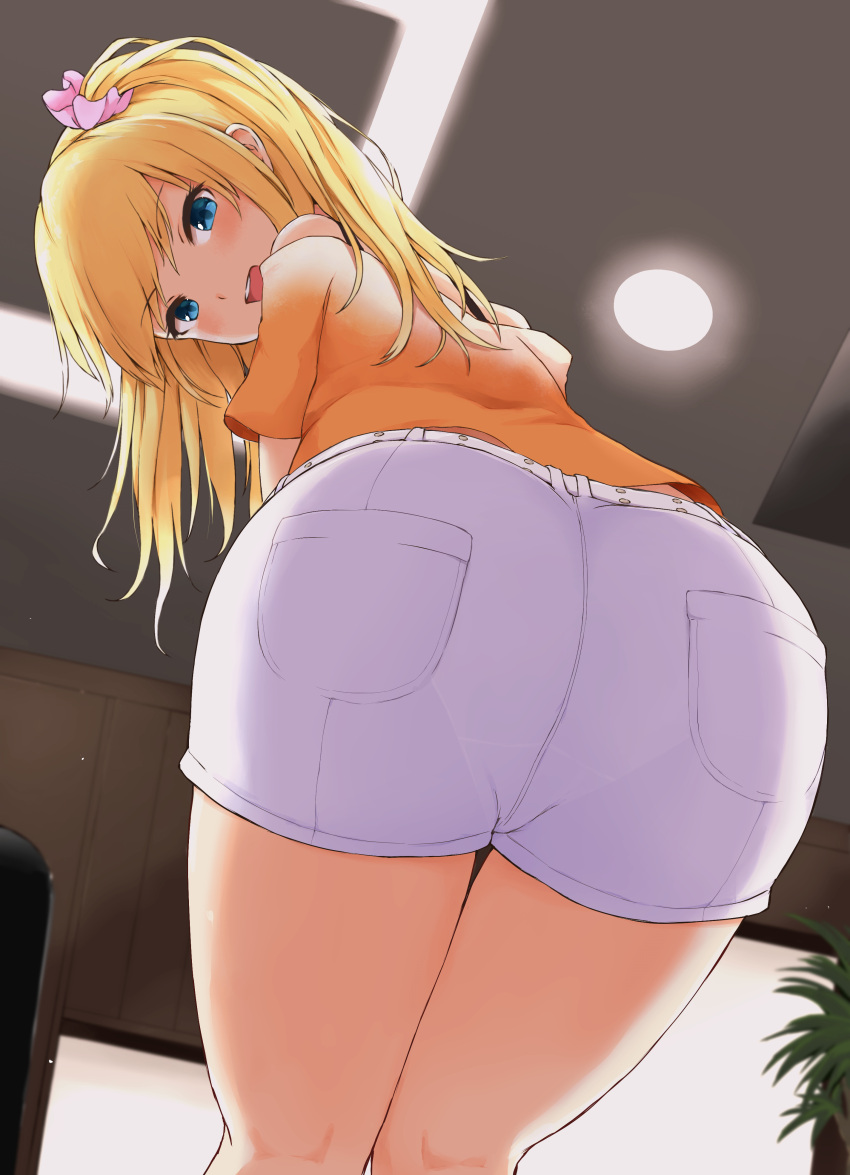 1girl :d absurdres ass bangs bare_shoulders blonde_hair blue_eyes blush commentary_request cowboy_shot eyebrows_visible_through_hair from_behind from_below hair_ornament hair_scrunchie highres idolmaster idolmaster_cinderella_girls indoors long_hair looking_back off-shoulder_shirt off_shoulder one_side_up ootsuki_yui open_mouth orange_shirt pantylines pink_scrunchie pocket scrunchie shirt short_shorts short_sleeves shorts smile solo techi_(techi35499) thighs white_shorts