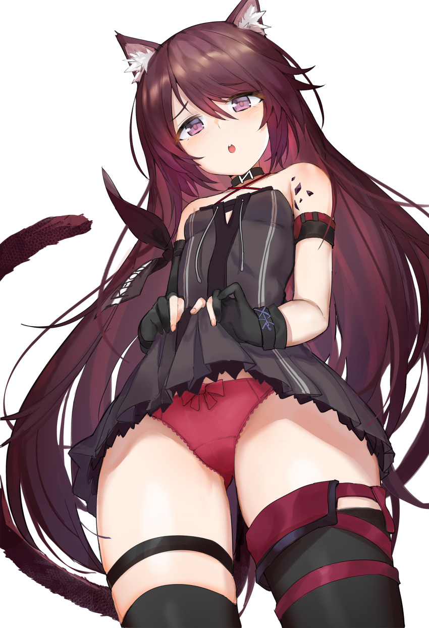 :o absurdres animal_ear_fluff animal_ears arknights arm_ribbon armband bangs bare_shoulders black_dress black_gloves blush bow bow_panties breasts collarbone commentary_request cowboy_shot dress dress_lift eyebrows_visible_through_hair gloves highres lifted_by_self long_hair looking_at_viewer panties partly_fingerless_gloves purple_hair red_panties ribbon shiyashiki sidelocks simple_background small_breasts tail thigh-highs thigh_strap underwear violet_eyes white_background
